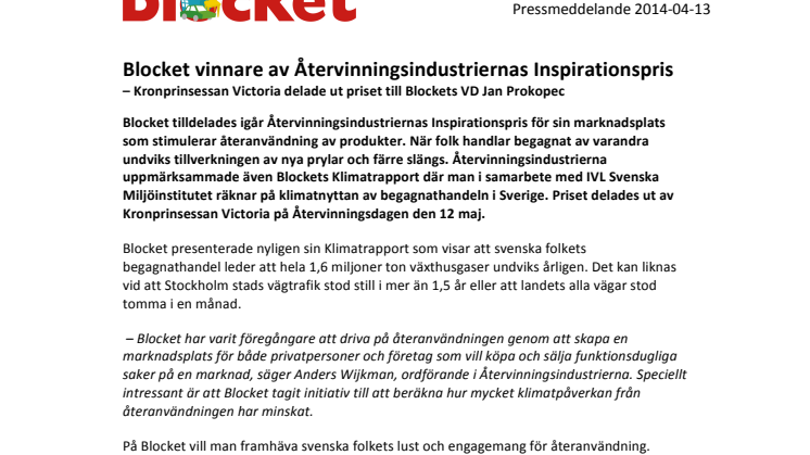 Blocket vinnare av Återvinningsindustriernas Inspirationspris – Kronprinsessan Victoria delade ut priset till Blockets VD Jan Prokopec