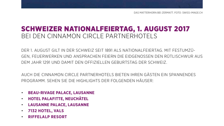 Schweizer Nationalfeiertag, 1. August 2017 bei den Cinnamon Circle Partnerhotels