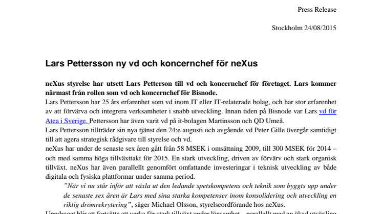 Lars Pettersson ny vd och koncernchef för neXus