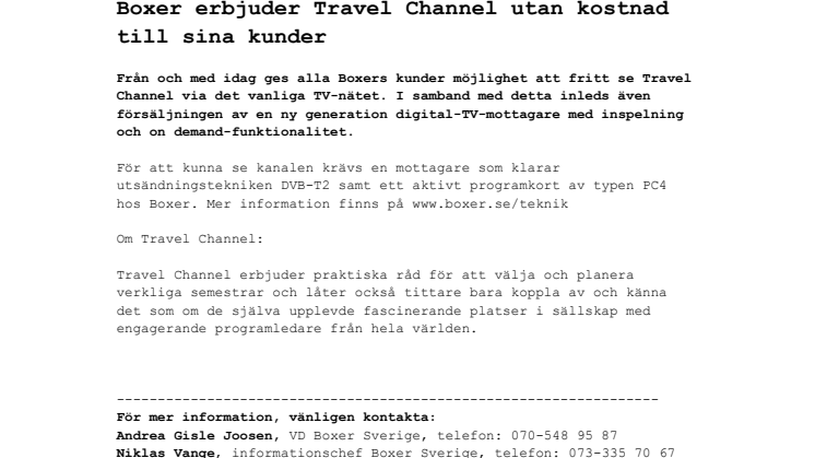 Boxer erbjuder Travel Channel utan kostnad till sina kunder