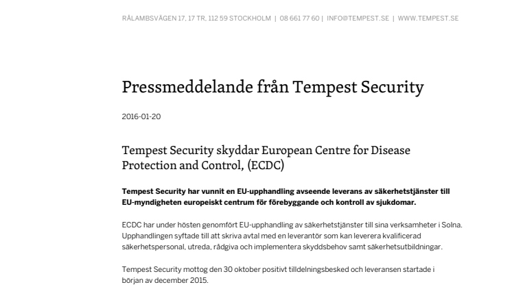 Tempest Security skyddar European Centre for Disease Protection and Control, (ECDC)