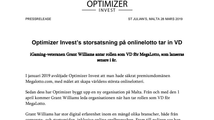 Optimizer Invest’s storsatsning på onlinelotto tar in VD