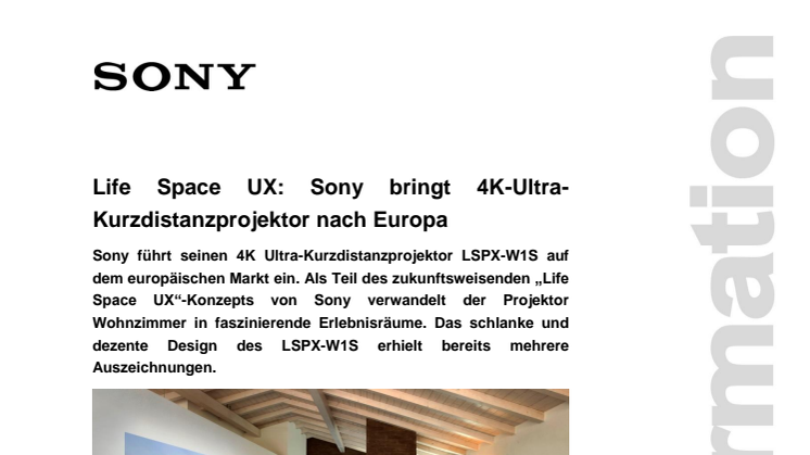 Life Space UX: Sony bringt 4K-Ultra-Kurzdistanzprojektor nach Europa