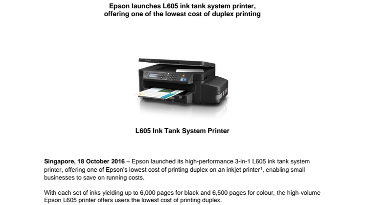Epson launches L605 ink tank system printer,  offering one of the lowest cost of duplex printing 
