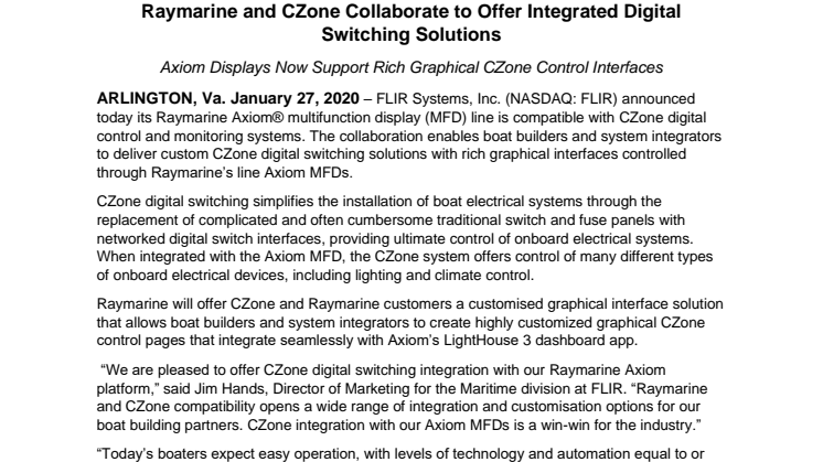 Raymarine and CZone Collaborate to Offer Integrated Digital Switching Solutions