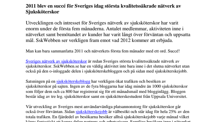 2011 blev en succé för Sveriges idag största kvalitetssäkrade nätverk av Sjuksköterskor