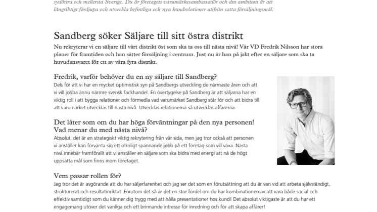 Sandberg söker säljare till distrikt öst