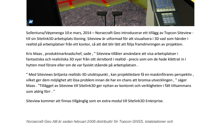 Norsecraft Geo introducerar Topcon Siteview - 3D visualisering i realtid