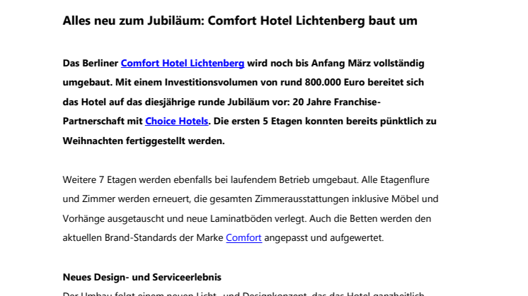 Alles neu zum Jubiläum: Comfort Hotel Lichtenberg baut um