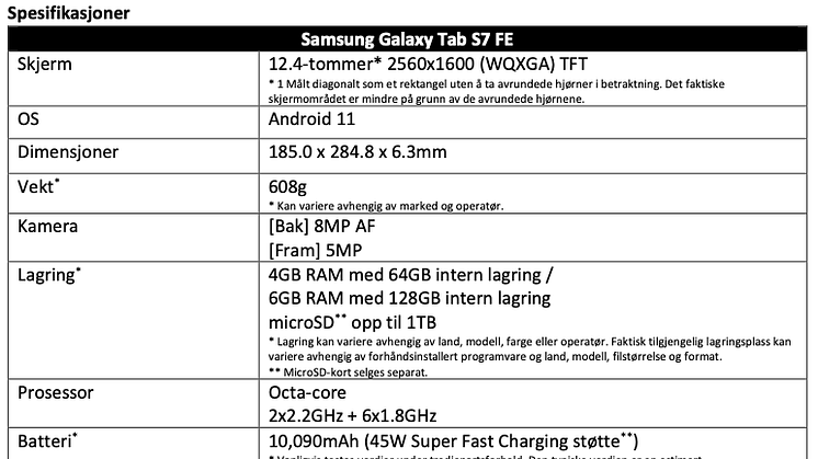 Spec - Galaxy Tab S7 FE