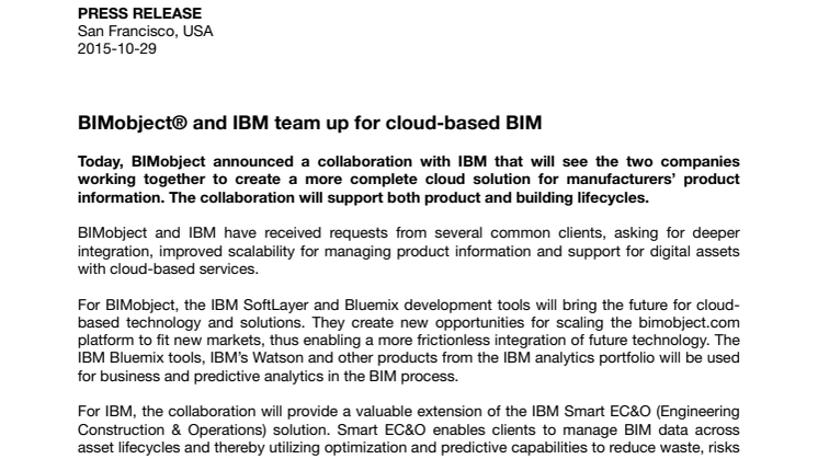 BIMobject® and IBM team up for cloud-based BIM