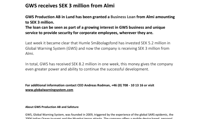 GWS receives SEK 3 million from Almi