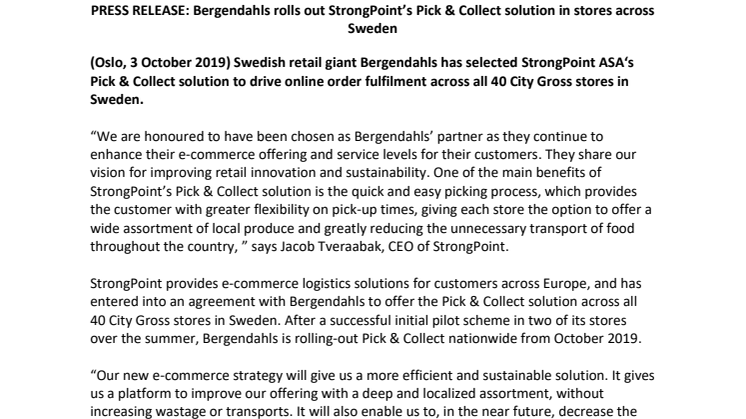 Bergendahls rolls out StrongPoint’s Pick & Collect solution in stores across Sweden