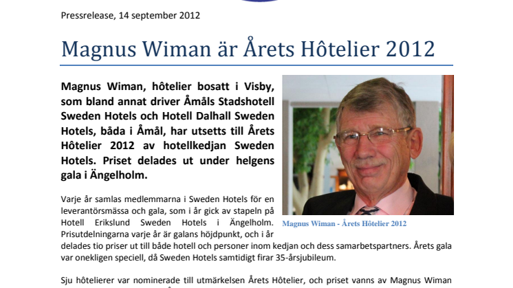 Magnus Wiman är Årets Hôtelier 2012