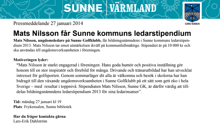 Mats Nilsson får Sunne kommuns ledarstipendium