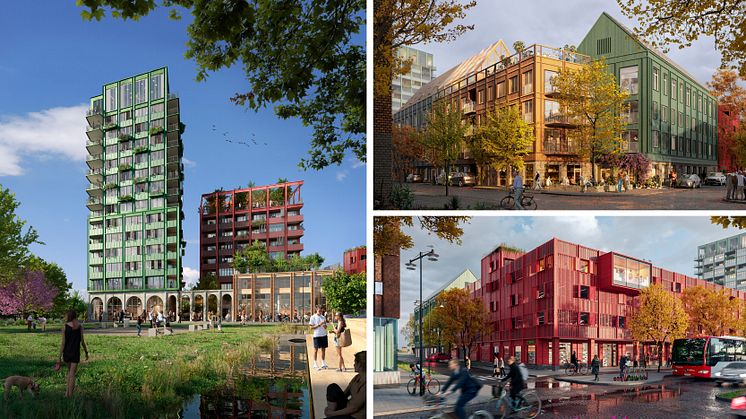 FOJAB har gestaltat det vinnande förslaget med Tornkvarteret, Trädgårdshusen och Hamnkvarteren . Illustration: Bump Estudio 