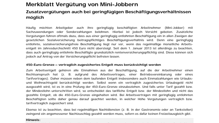 Steuerfreie Zusatzvergütung bei Minijobbern möglich-keine Erhöhung des regelmäßigen Arbeitsentgeltes