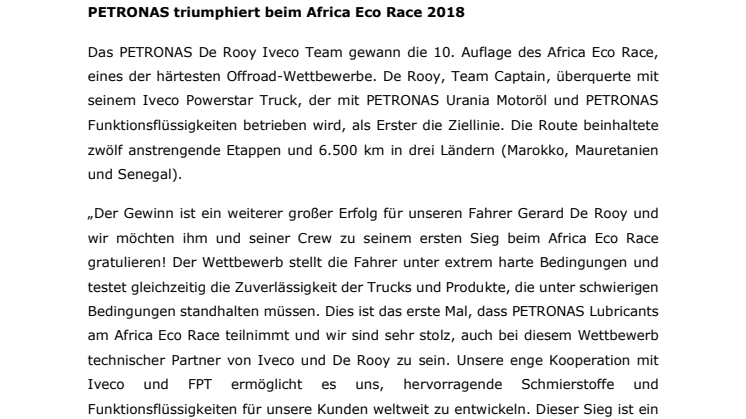 PETRONAS triumphiert beim Africa Eco Race 2018