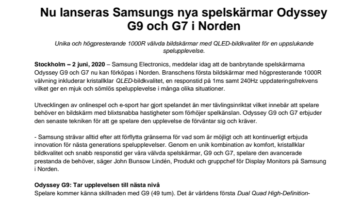 Nu lanseras Samsungs nya spelskärmar Odyssey G9 och G7 i Norden