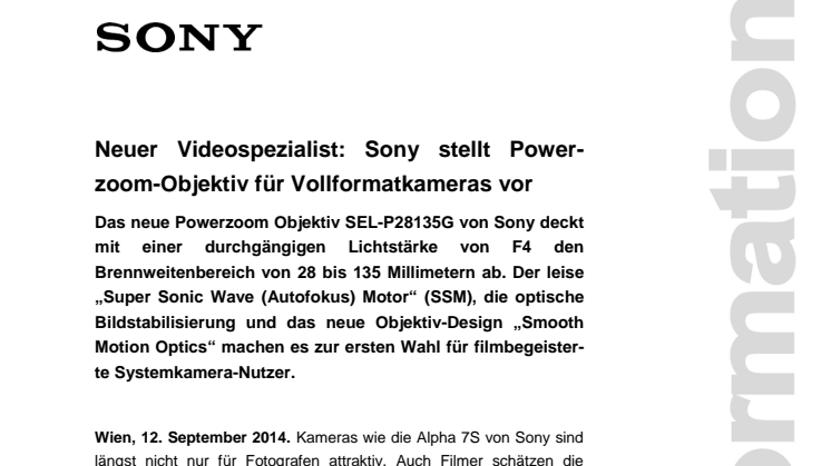 Neuer Videospezialist: Sony stellt Powerzoom-Objektiv für Vollformatkameras vor