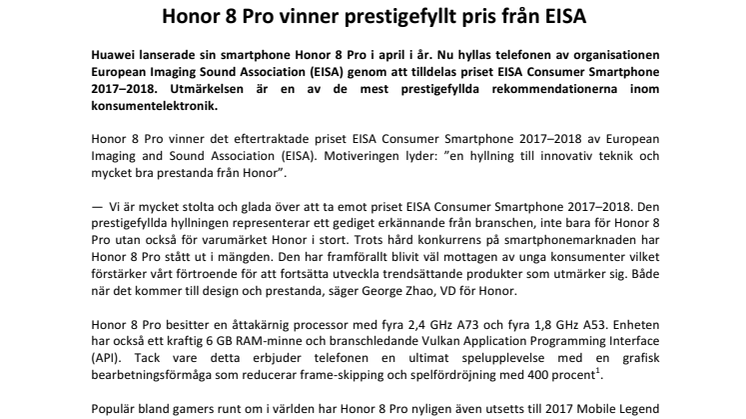 Honor 8 Pro vinner prestigefyllt pris från EISA