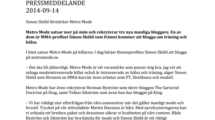 Simon Sköld förstärker Metro Mode