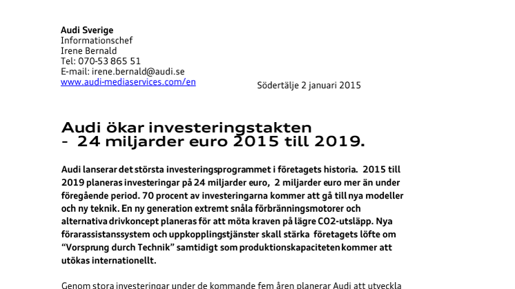 Audi ökar investeringstakten - 24 miljarder euro 2015 till 2019