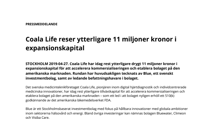 Coala Life reser ytterligare 11 miljoner kronor i expansionskapital