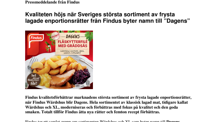 Kvaliteten höjs när Sveriges största sortiment av frysta lagade enportionsrätter från Findus byter namn till ”Dagens” 