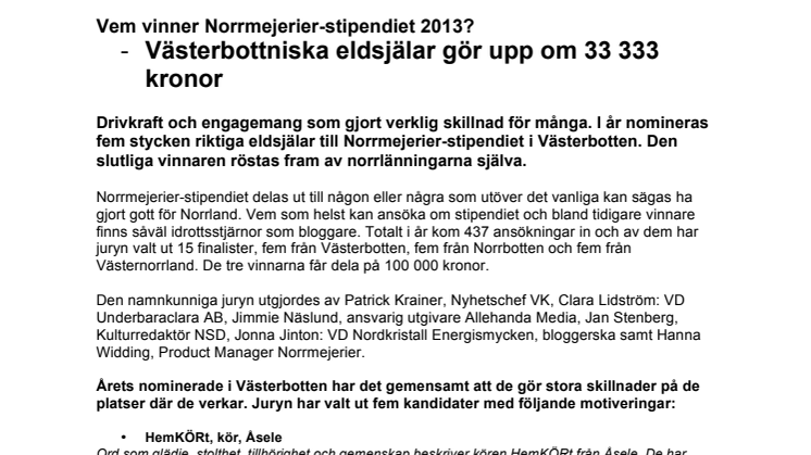Vem vinner Norrmejerier-stipendiet 2013? -	Västerbottniska eldsjälar gör upp om 33 333 kronor