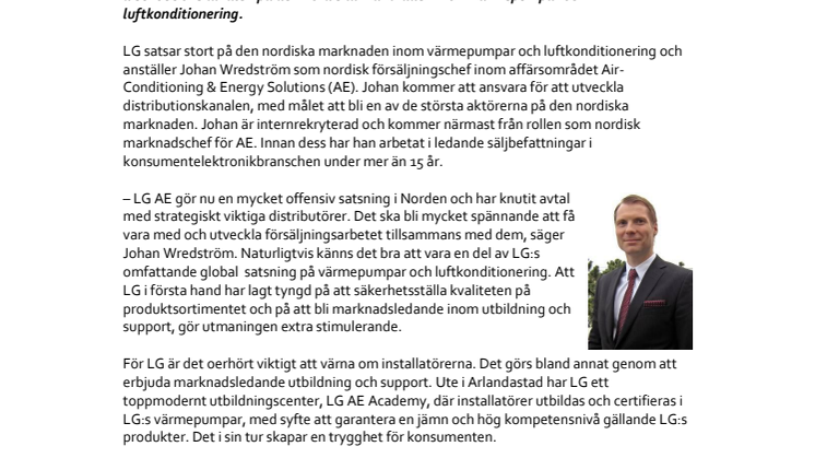 Johan Wredström ny nordisk försäljningschef för LG Air-Conditioning & Energy Solutions 