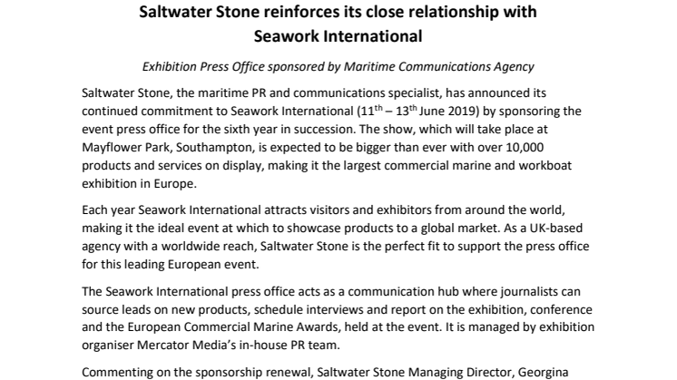 Saltwater Stone:  Saltwater Stone Reinforces its Close Relationship with Seawork International