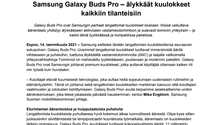Samsung Galaxy Buds Pro – älykkäät kuulokkeet kaikkiin tilanteisiin