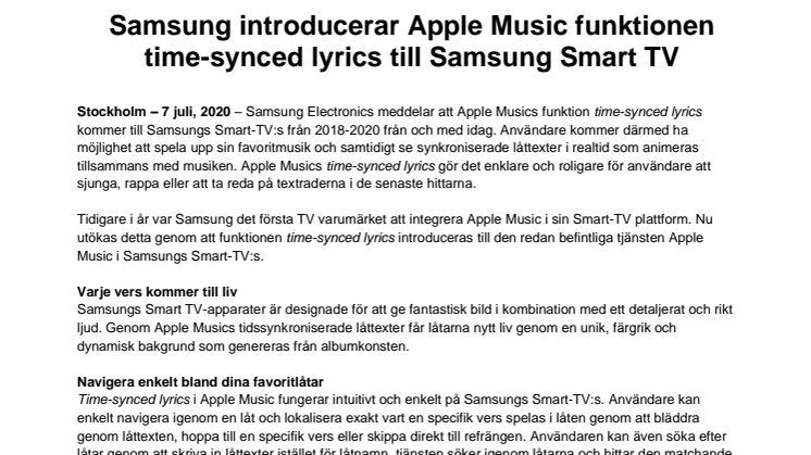 Samsung introducerar Apple Music funktionen time-synced lyrics till Samsung Smart TV