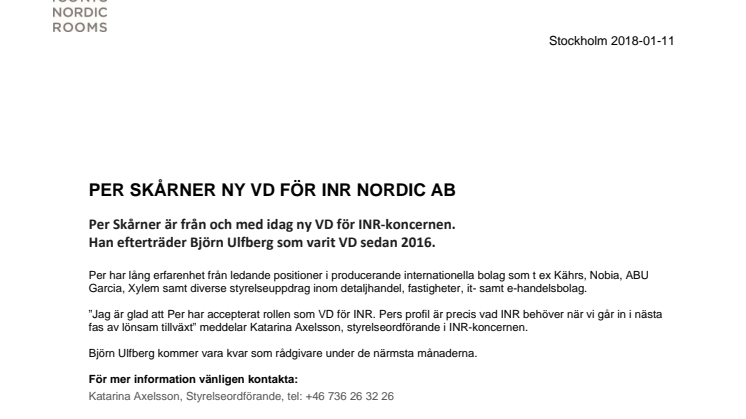 Per Skårner ny VD för INR Nordic AB