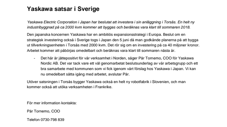 Yaskawa satsar i Sverige 