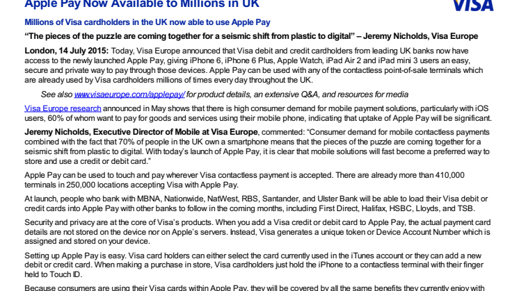 Apple Pay Now Available to Millions of UK Visa Cardholders