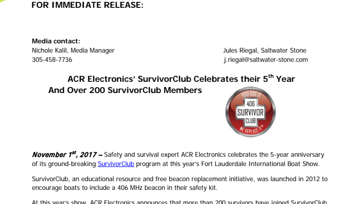 ACR Electronics’ SurvivorClub Celebrates 5th Year and Over 200 Members 