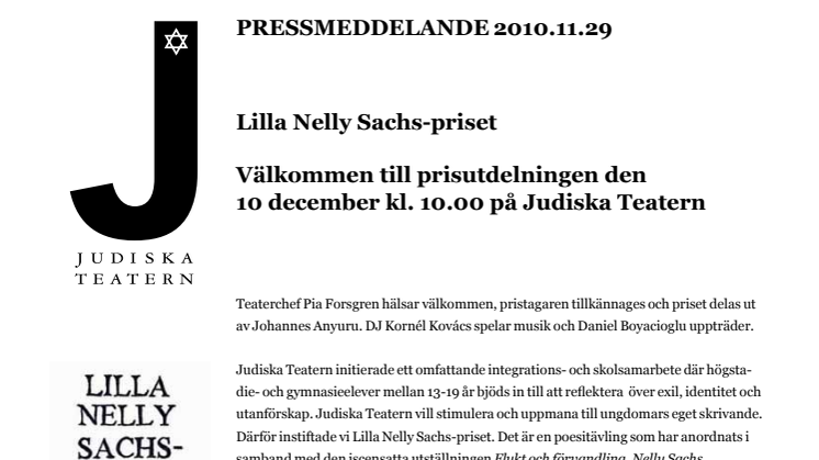 Inbjudan Lilla Nelly Sachs-priset 10/12 kl. 10.