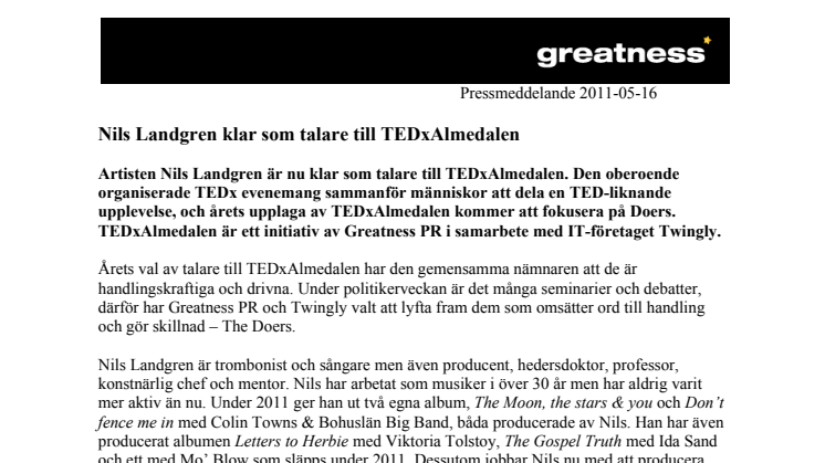 Nils Landgren klar som talare till TEDxAlmedalen