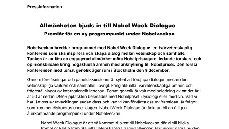 Allmänheten bjuds in till Nobel Week Dialogue: Premiär för en ny programpunkt under Nobelveckan