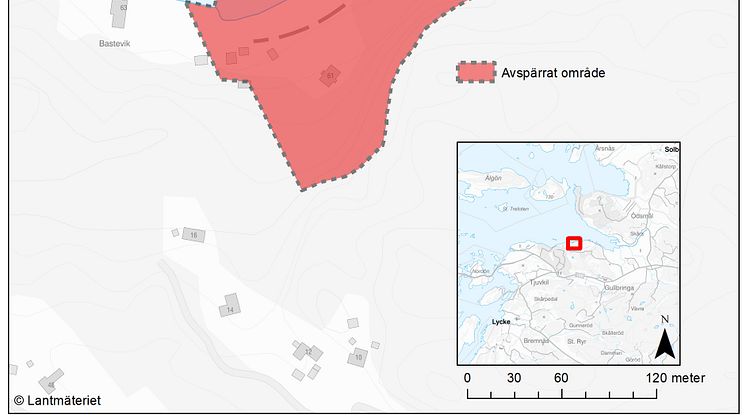 Karta över aktuellt skredområde. Copyright: Lantmäteriet.