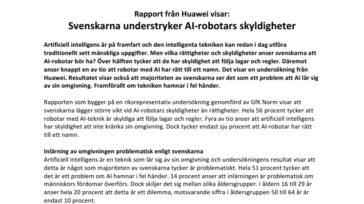 Rapport från Huawei visar: Svenskarna understryker AI-robotars skyldigheter 