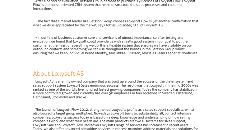 Loxysoft delivers Loxysoft flow to Betsson Group