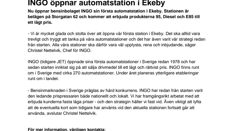 INGO öppnar automatstation i Ekeby