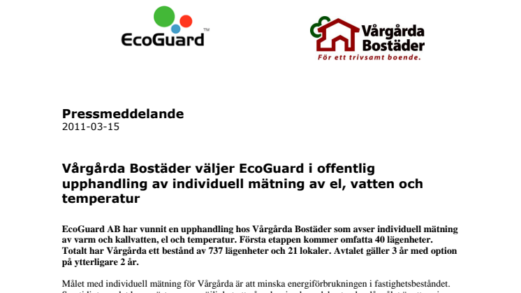 EcoGuard vinner offentlig upphandling hos Vårgårda Bostäder