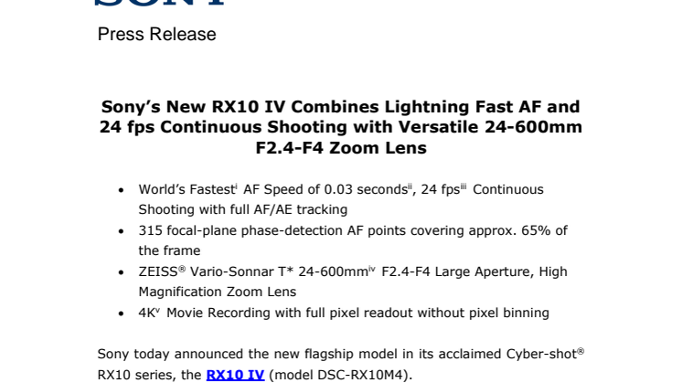 ​Sonys lanserar RX10 IV – nya flaggskeppet i Cyber-shot-serien