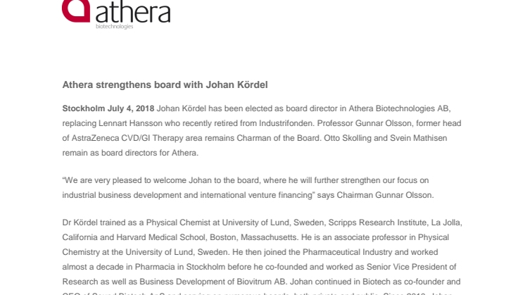 Athera strengthens board with Johan Kördel