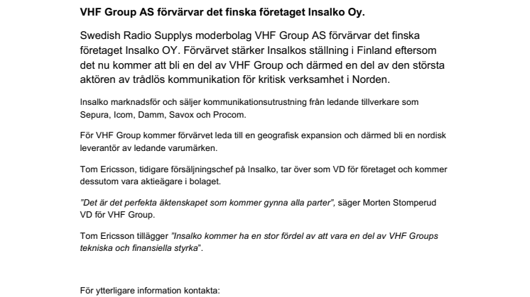 VHF Group AS förvärvar finska Insalko Oy.