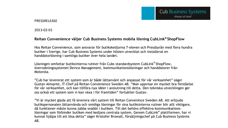 Reitan Convenience väljer Cub Business Systems mobila lösning CubLink® ShopFlow 
